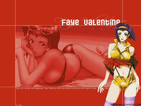 Anime picture 1024x768 with cowboy bebop sunrise (studio) faye valentine short hair breasts light erotic large breasts green eyes purple hair lying light smile lips wallpaper red background girl thighhighs swimsuit shorts hairband sunglasses