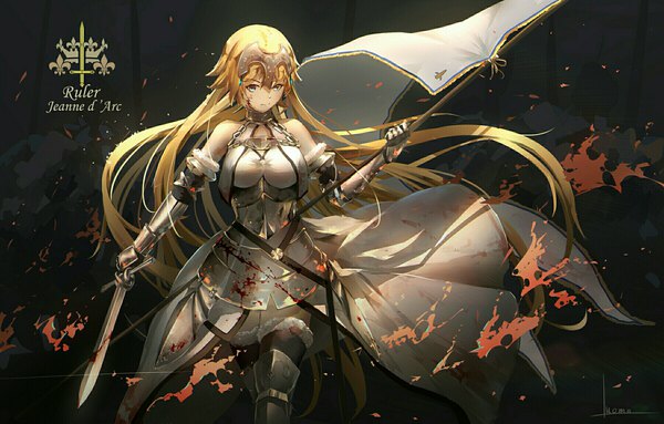 Anime picture 1799x1149 with fate (series) fate/apocrypha jeanne d'arc (fate) (all) jeanne d'arc (fate) luomo single looking at viewer highres breasts blue eyes blonde hair bare shoulders holding signed very long hair character names floating hair walking bloody clothes bloody weapon