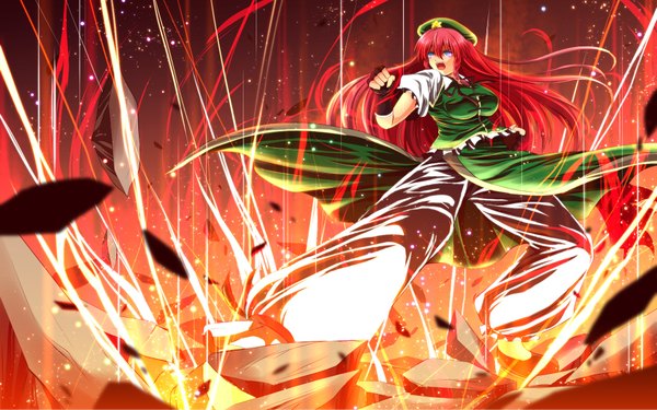 Anime picture 1920x1200 with touhou hong meiling nekominase single long hair highres open mouth blue eyes wide image red hair destruction girl dress skirt fingerless gloves beret skirt set fire