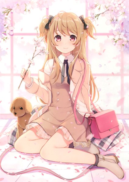 Anime picture 2522x3565 with original 6u (eternal land) single long hair tall image looking at viewer highres blonde hair red eyes scan two side up cherry blossoms girl dress flower (flowers) bow plant (plants) hair bow animal petals