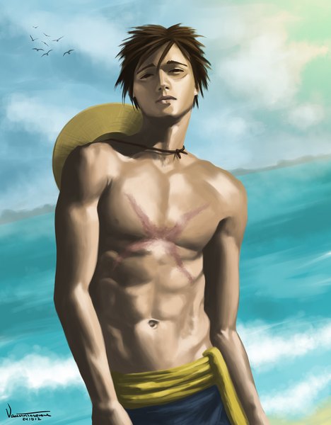 Anime picture 1000x1282 with one piece toei animation monkey d. luffy tesorone single tall image looking at viewer short hair light erotic brown hair signed sky cloud (clouds) black eyes scar boy navel hat animal sea