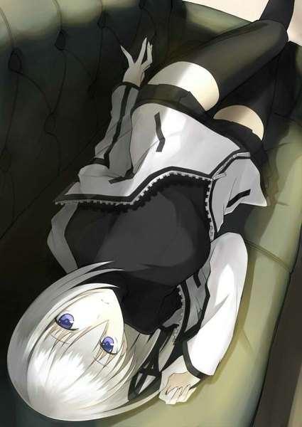 Anime picture 700x989 with original zinnia silane kauto single tall image looking at viewer fringe short hair purple eyes bent knee (knees) white hair lying open clothes open jacket zettai ryouiki girl thighhighs black thighhighs jacket couch