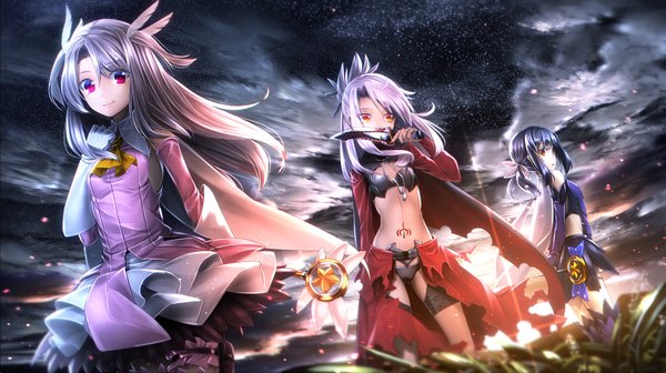 Anime picture 1603x900 with fate (series) fate/kaleid liner prisma illya type-moon illyasviel von einzbern kuro (fate/kaleid liner) miyu edelfelt magical sapphire ryosios long hair looking at viewer light erotic black hair red eyes wide image multiple girls holding looking away sky purple hair cloud (clouds)