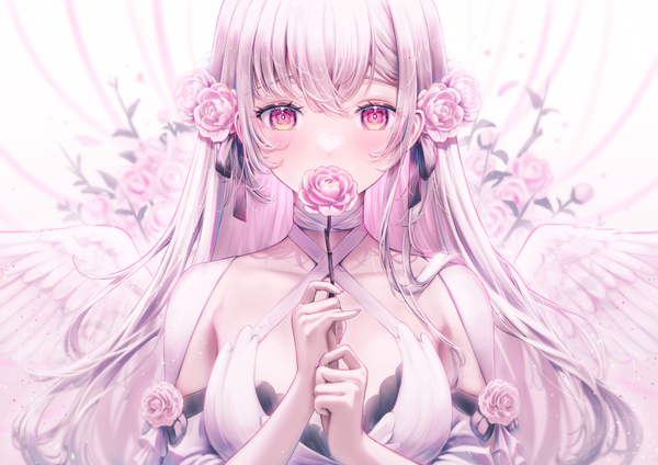 Anime picture 3508x2480 with original yuubarish single long hair looking at viewer fringe highres breasts red eyes holding pink hair absurdres upper body blunt bangs nail polish hair flower angel wings covered mouth white wings pink nail polish
