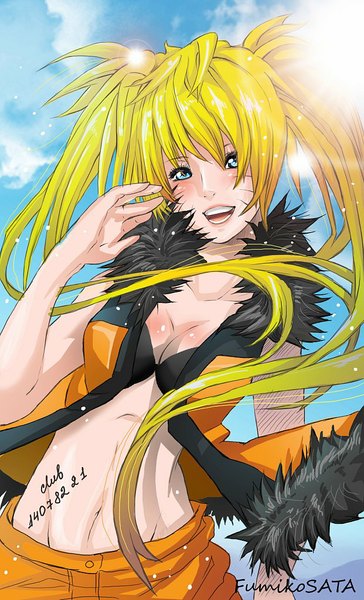 Anime picture 621x1024 with naruto studio pierrot naruto (series) uzumaki naruto naruko fusata single tall image looking at viewer blush breasts open mouth blue eyes light erotic blonde hair smile twintails sky cleavage cloud (clouds)