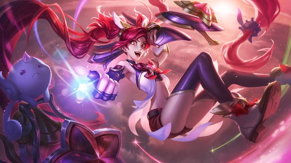 Anime picture 1920x1080 with league of legends jinx (league of legends) star guardian jinx single looking at viewer fringe highres open mouth red eyes wide image twintails bare shoulders holding sky cloud (clouds) bent knee (knees) red hair very long hair fingernails sunlight