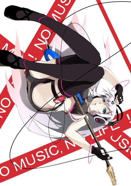 Anime picture 2893x4092 with original foge long hair tall image highres blue eyes bare shoulders white hair girl thighhighs gloves black thighhighs shoes shorts headphones wire (wires) guitar digital media player