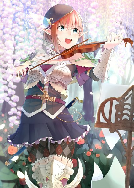 Anime picture 712x1000 with original retsuna single tall image short hair open mouth blue eyes brown hair pointy ears girl dress flower (flowers) plant (plants) petals tree (trees) beret violin bow (instrument)