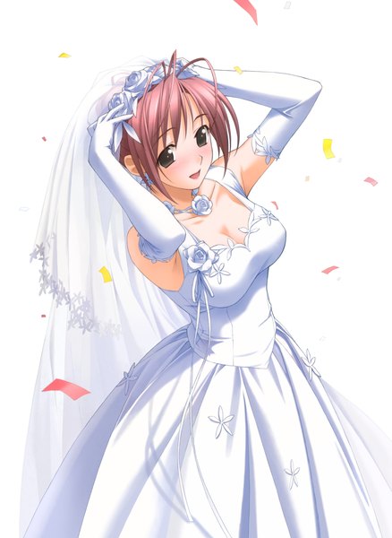 Anime picture 1680x2300 with hashimoto takashi single tall image blush short hair open mouth brown hair white background brown eyes cleavage girl dress gloves elbow gloves white gloves wedding dress