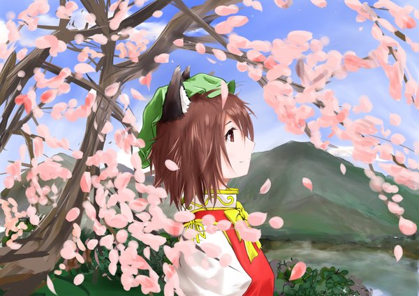 Anime picture 1753x1240 with touhou chen zzbye (artist) single highres short hair red eyes brown hair animal ears light smile cherry blossoms mountain girl plant (plants) petals tree (trees) bonnet