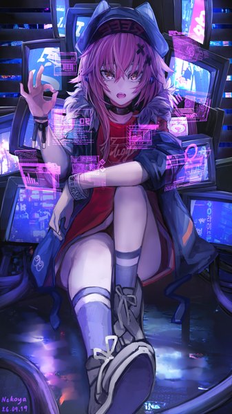 Anime picture 4500x8000 with original nekodayo22 single long hair tall image looking at viewer fringe highres open mouth hair between eyes sitting signed yellow eyes pink hair absurdres open jacket ok sign girl hair ornament hat