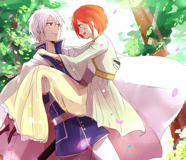Anime picture 800x689 with akagami no shirayukihime studio bones shirayuki (akagami no shirayukihime) zen wistalia (akagami no shirayukihime) tobidaiz short hair open mouth blue eyes smile green eyes white hair red hair orange hair couple eye contact carrying princess carry girl dress boy