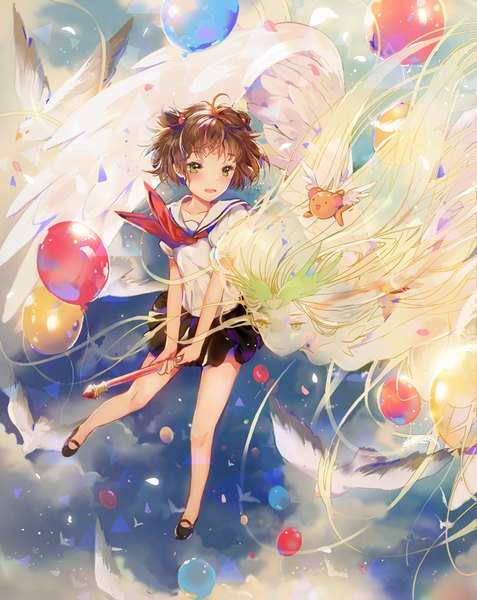 Anime picture 900x1132 with card captor sakura clamp kinomoto sakura kero (cardcaptor sakura) dangmill long hair tall image fringe short hair open mouth blonde hair smile brown hair multiple girls green eyes yellow eyes looking away sky cloud (clouds) full body