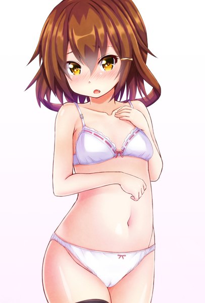 Anime picture 677x1000 with kantai collection ikazuchi destroyer ebi 193 single tall image looking at viewer blush fringe short hair open mouth light erotic simple background brown hair white background yellow eyes underwear only cameltoe girl thighhighs navel