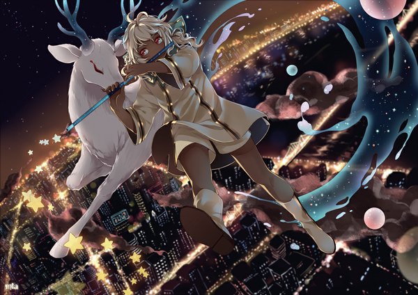 Anime picture 1000x707 with original mia0309 single blonde hair red eyes night dutch angle dark skin city cityscape flying city lights midair girl animal jacket shorts boots star (stars) musical instrument