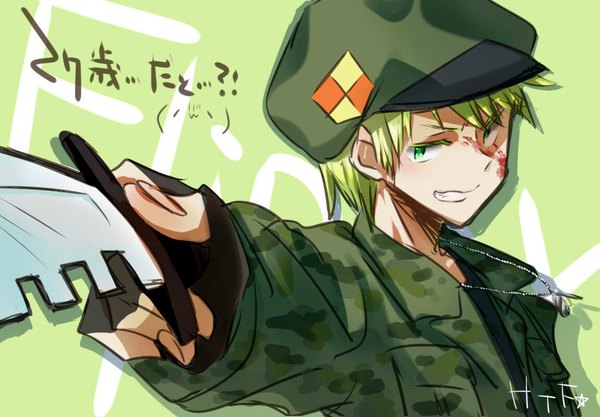 Anime picture 1150x800 with happy tree friends flippy single highres short hair open mouth smile green eyes green hair personification boy gloves uniform blood beret military uniform knife
