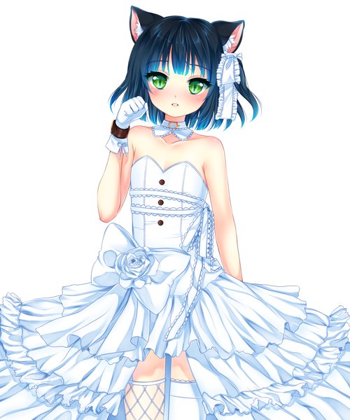 Anime picture 1500x1800 with utau ryone yami nami (nyaa) single tall image looking at viewer blush short hair white background green eyes animal ears blue hair cat ears girl thighhighs dress gloves bow white thighhighs
