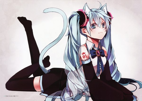 Anime picture 2815x2000 with vocaloid hatsune miku hatsuko single long hair looking at viewer highres blue eyes twintails animal ears blue hair tail animal tail cat ears cat tail tattoo no shoes girl thighhighs detached sleeves