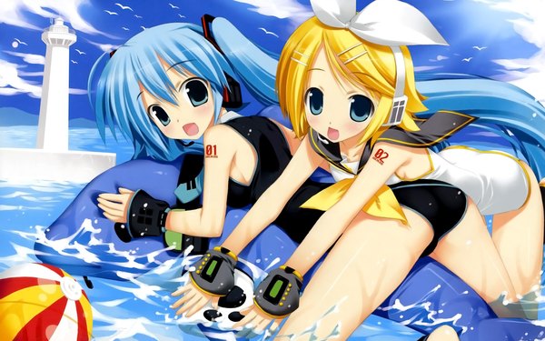 Anime picture 2260x1413 with vocaloid hatsune miku kagamine rin fujima takuya highres light erotic wide image multiple girls girl 2 girls swimsuit