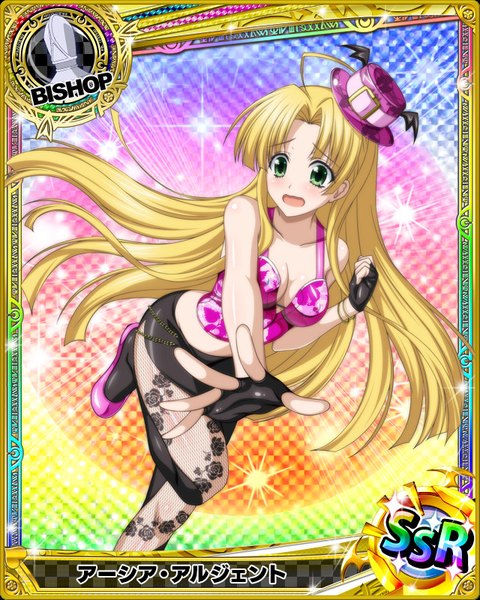 Anime picture 640x800 with highschool dxd asia argento single long hair tall image looking at viewer blush open mouth light erotic blonde hair green eyes card (medium) girl gloves hat pantyhose fingerless gloves mini hat mini top hat
