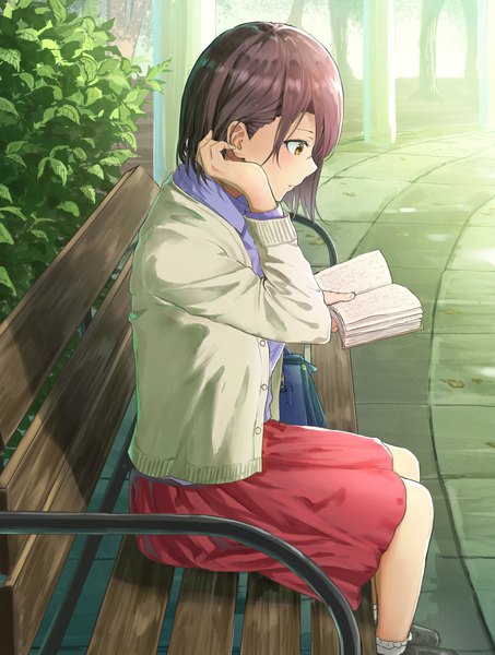 Anime picture 1417x1873 with original sugi87 single tall image blush fringe short hair hair between eyes brown hair sitting yellow eyes bent knee (knees) sunlight open clothes shadow adjusting hair looking down reading girl skirt
