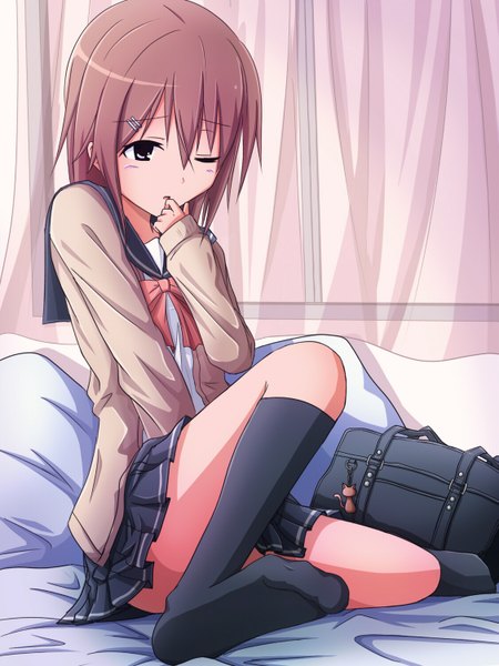 Anime picture 1125x1500 with original kawachii single tall image blush short hair light erotic brown hair brown eyes one eye closed wink girl skirt uniform school uniform miniskirt socks serafuku black socks