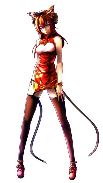 Anime picture 924x1631 with touhou chen sorono wa soro (artist) single long hair tall image looking at viewer fringe simple background hair between eyes standing white background animal ears tail animal tail pink eyes cat ears orange hair cat tail chinese clothes