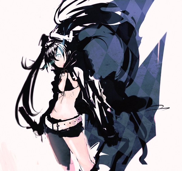 Anime picture 1000x942 with black rock shooter black rock shooter (character) so-bin single black hair twintails very long hair bare belly glowing scar glowing eye (eyes) uneven twintails girl jacket shorts belt