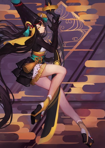 Anime picture 1240x1754 with onmyoji youtouhime gods single tall image looking at viewer fringe light erotic black hair yellow eyes full body bent knee (knees) very long hair pleated skirt bare legs abstract egasumi girl skirt weapon