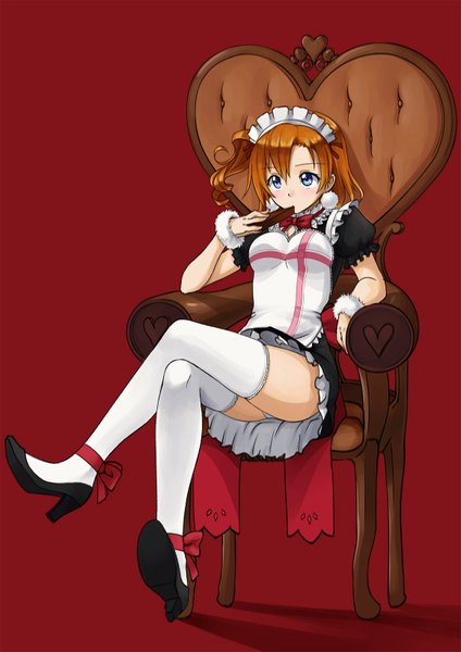 Anime picture 1158x1637 with love live! school idol project sunrise (studio) love live! kousaka honoka pas (paxiti) single tall image blush short hair blue eyes light erotic simple background blonde hair sitting shadow maid high heels one side up crossed legs red background