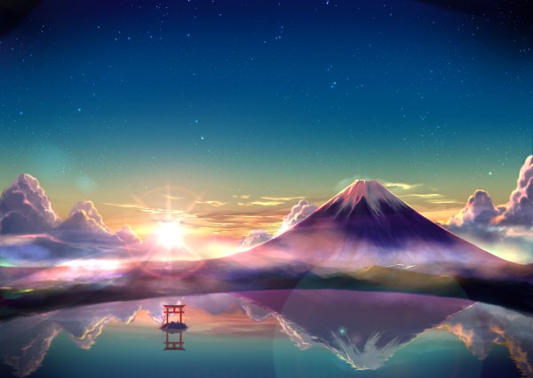 Anime picture 1200x850 with original rua (k-tie) sky cloud (clouds) evening reflection sunset horizon mountain landscape lake torii