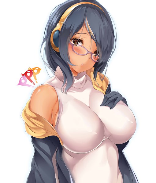 Anime picture 4000x4700 with kemono friends emperor penguin (kemono friends) suigetsu (hjs1106) single long hair tall image looking at viewer blush highres breasts light erotic black hair simple background large breasts white background bare shoulders brown eyes absurdres upper body parted lips