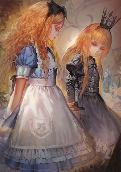 Anime picture 2326x3298 with alice in wonderland alice (wonderland) alphonse (white datura) long hair tall image fringe highres blue eyes blonde hair multiple girls looking away blunt bangs profile scan official art puffy sleeves wavy hair girl dress gloves