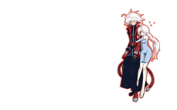 Anime picture 1920x1200 with blazblue blazblue phase 0 nu-13 ragna the bloodedge tagme (artist) long hair blush highres short hair simple background smile red eyes wide image white background ahoge white hair braid (braids) barefoot couple heterochromia