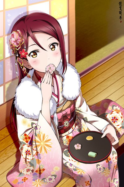 Anime picture 720x1080 with love live! sunshine!! sunrise (studio) love live! sakurauchi riko shiimai single long hair tall image looking at viewer blush sitting yellow eyes red hair traditional clothes japanese clothes from above eating new year girl hair ornament