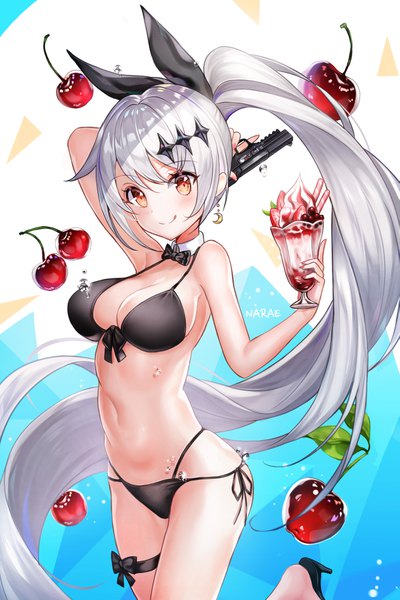 Anime picture 1205x1809 with girls frontline five-seven (girls frontline) narae single tall image looking at viewer blush fringe breasts light erotic smile holding brown eyes signed cleavage silver hair ponytail very long hair arm behind head :q