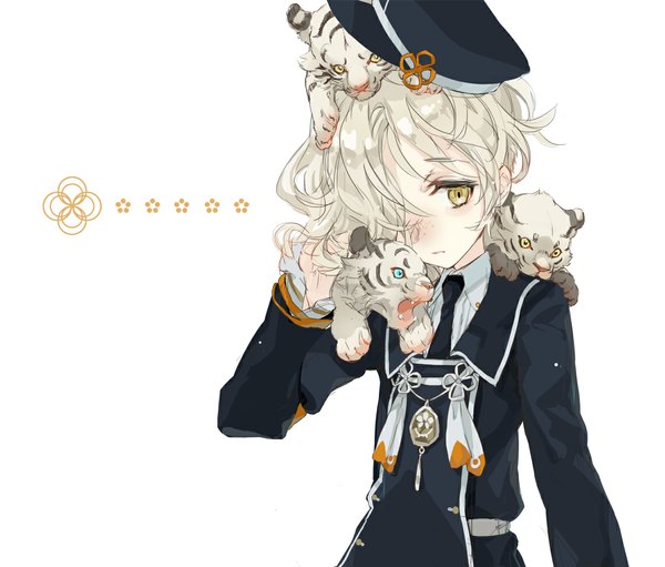 Anime picture 1174x1000 with touken ranbu nitroplus gokotai gokotai's tigers dakuro single blush fringe short hair simple background white background yellow eyes looking away silver hair hair over one eye embarrassed animal on shoulder animal on head boy uniform