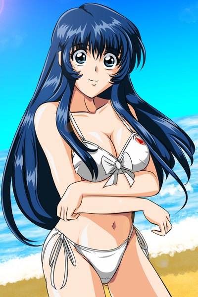 Anime picture 1275x1910 with martian successor nadesico xebec misumaru yurika gentoku single long hair tall image looking at viewer breasts blue eyes light erotic large breasts standing payot blue hair sky cleavage light smile beach underboob