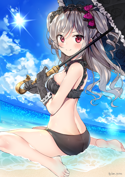 Anime picture 744x1053 with idolmaster idolmaster cinderella girls kanzaki ranko sabet (young ouo) single long hair tall image blush fringe light erotic smile red eyes sitting bare shoulders holding signed silver hair ass barefoot two side up