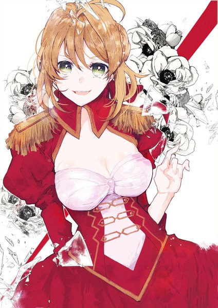 Anime picture 1000x1414 with fate (series) fate/extra type-moon nero claudius (fate) (all) nero claudius (fate) motyaaaaaaa single tall image looking at viewer short hair open mouth blonde hair smile green eyes ahoge underbust girl dress flower (flowers) epaulettes