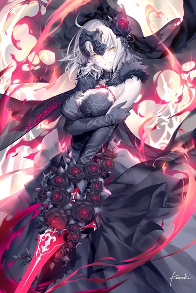 Anime picture 650x970 with fate (series) fate/grand order jeanne d'arc (fate) (all) jeanne d'arc alter (fate) kousaki rui single tall image looking at viewer blush fringe short hair breasts hair between eyes standing holding signed yellow eyes cleavage silver hair ahoge