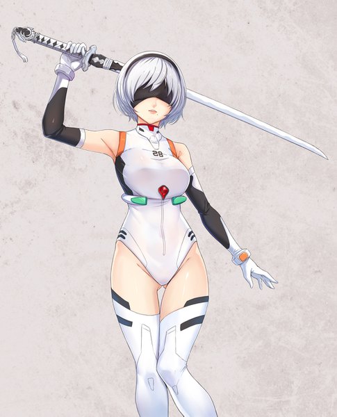 Anime picture 1079x1333 with neon genesis evangelion nier nier:automata gainax yorha no. 2 type b jun (goodgun7) single tall image fringe short hair breasts light erotic simple background large breasts bare shoulders holding white hair parted lips arm up grey background