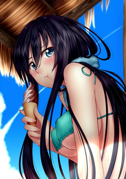 Anime picture 707x1000 with original kai (link2262) single long hair tall image looking at viewer blush breasts blue eyes light erotic black hair sky cloud (clouds) girl swimsuit bikini food sweets ice cream