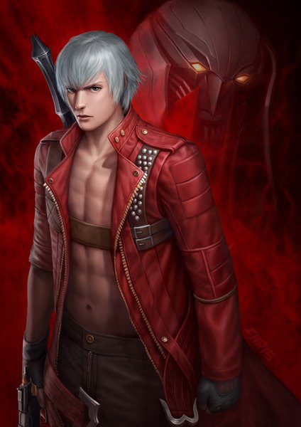 Anime picture 1024x1448 with devil may cry dante (devil may cry) chrisnfy85 single tall image short hair white hair lips realistic grey eyes muscle boy gloves navel fingerless gloves gun pants cloak pistol