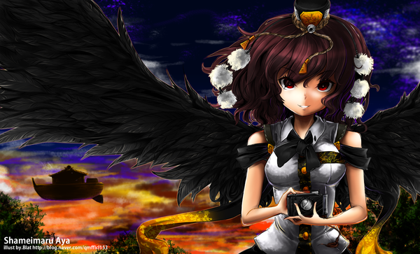 Anime picture 2410x1460 with touhou shameimaru aya blat (artist) single looking at viewer highres short hair smile red eyes brown hair wide image black wings girl wings headdress pom pom (clothes)