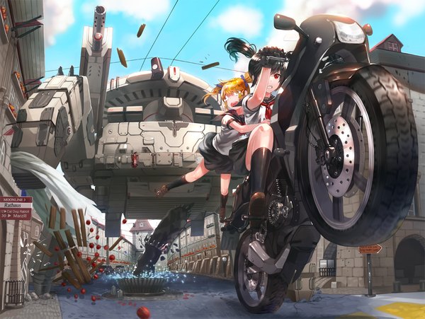 Anime picture 1450x1092 with original kfr long hair open mouth black hair blonde hair red eyes twintails multiple girls looking back hug tears hug from behind mechanical riding girl skirt gloves uniform weapon