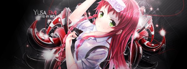 Anime picture 851x315 with hataraku maou-sama! white fox yusa emi swordsouls redeye27 single long hair looking at viewer fringe wide image green eyes upper body red hair braid (braids) from above character names side braid girl water bottle