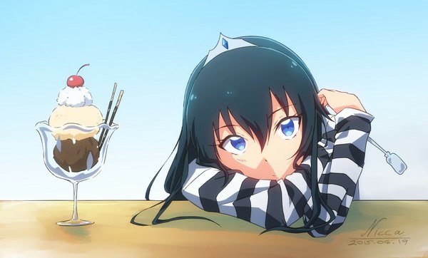 Anime picture 1060x640 with original silveria nicca (kid nicca) single long hair looking at viewer fringe blue eyes black hair wide image reclining girl food sweets ice cream tiara pocky spoon cherry cream
