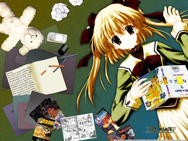 Anime picture 1600x1200 with nanao naru chibikko single long hair looking at viewer fringe blonde hair hair between eyes twintails brown eyes signed lying from above on back third-party edit girl ribbon (ribbons) hair ribbon book (books) toy