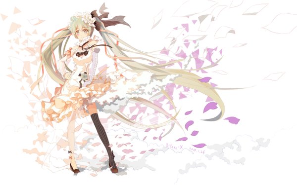 Anime picture 5120x3200 with vocaloid hatsune miku bzerox single blush highres simple background standing white background absurdres very long hair aqua eyes wind aqua hair looking down asymmetrical clothes girl thighhighs dress flower (flowers)
